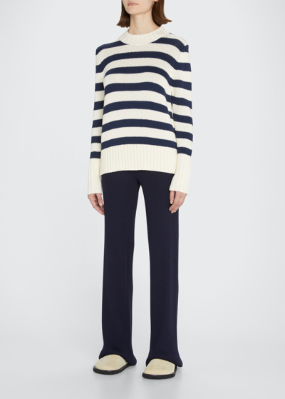Shop Kule The Tatum Striped Cotton Sweater In Cream/navy