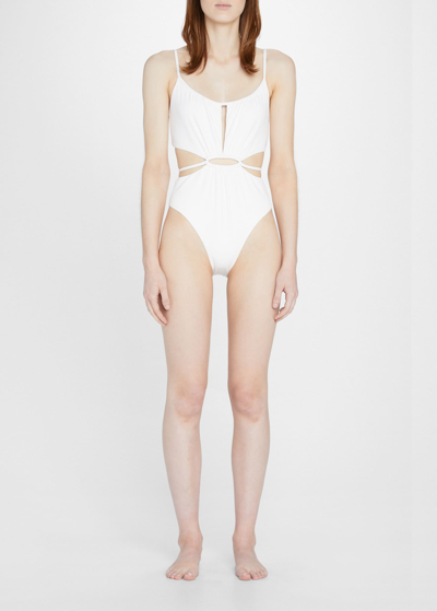 Shop Jonathan Simkhai Genesis Strappy Cutout Gathered-ring One-piece Swimsuit In White
