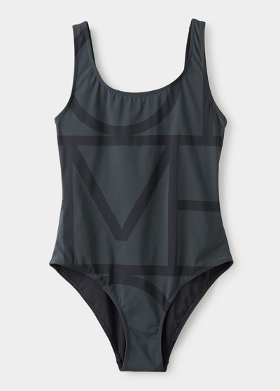 Shop Totême Monogram High-leg One-piece Swimsuit In Black Monogram