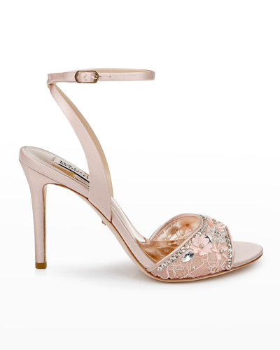 Shop Badgley Mischka Tazana Satin Crystal Ankle-strap Sandals In Soft Blush