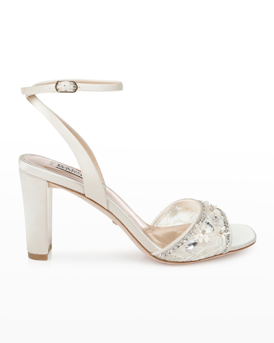 Shop Badgley Mischka Tayten Satin Crystal Ankle-strap Sandals In Ivory