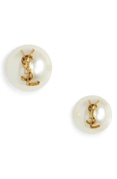 Shop Saint Laurent Ysl Imitation Pearl Stud Earrings In 9018 Or Laiton/ Creme