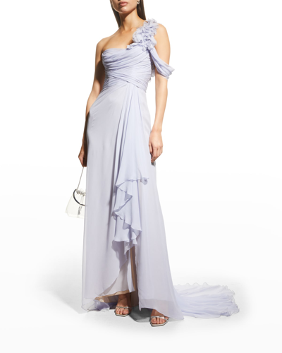 Shop Marchesa Asymmetric Draped Silk Chiffon Grecian Gown In Lilac