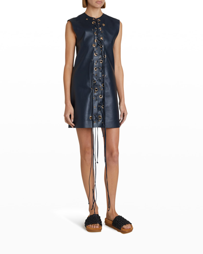 Shop Chloé Asymmetric Lace-up Nappa Leather Mini Dress In Anthracite Blue