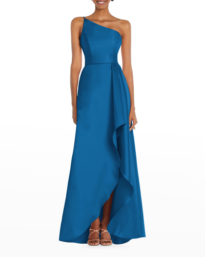 Shop Alfred Sung Draped-front One-shoulder Satin Gown In Classic Blue