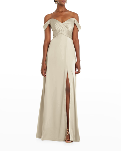 Shop Dessy Collection Off-the-shoulder Flounce-sleeve Gown In Champagne