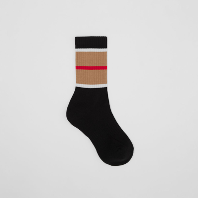 Shop Burberry Stripe Detail Stretch Cotton Blend Socks In Black