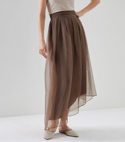 Shop Brunello Cucinelli Silk Midi Skirt In Brown