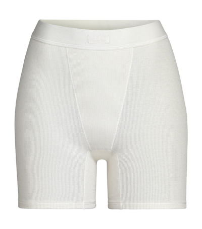 Shop Skims Cotton-blend Ribbed Boxer Shorts In Ivory