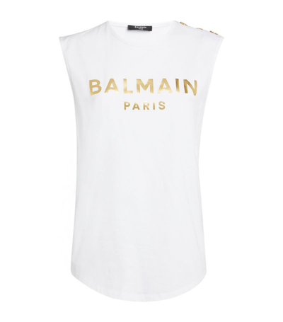 Shop Balmain Metallic Logo Tank Top In White