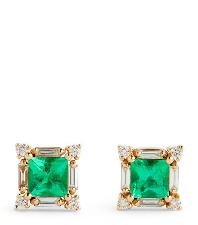 Shop Suzanne Kalan Yellow Gold, Diamond And Emerald Princess-cut Stud Earrings In Green