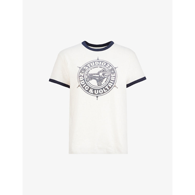 Shop Zadig & Voltaire Zoe Studio Embellished Graphic-print Cotton-jersey T-shirt In Lait