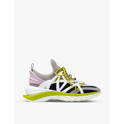 Shop Jimmy Choo Women's V Marl Grey/lime Mix Cosmos Low-top Neoprene And Leather Trainers
