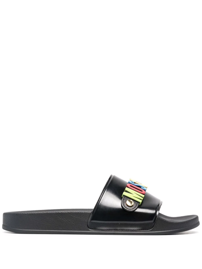 Shop Moschino Logo-plaque Leather Slides In Black