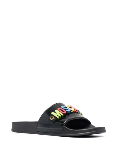 Shop Moschino Logo-plaque Leather Slides In Black