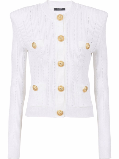 Shop Balmain Fine-knit Button-fastening Cardigan In White