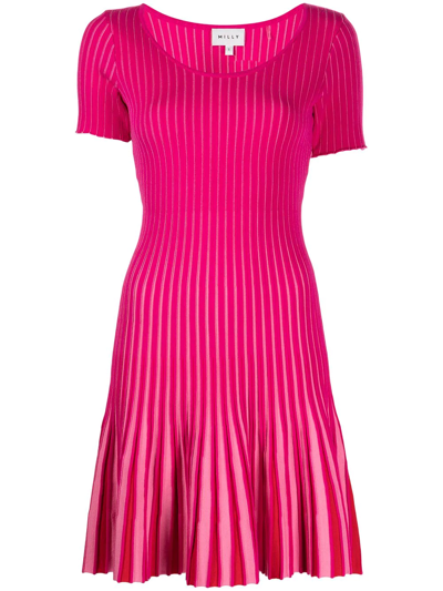 Shop Milly Inset-stripe Godet-pattern Dress In Pink
