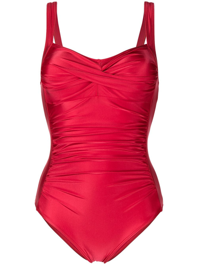 Shop Duskii Diane Ruched Swimsuit In Red