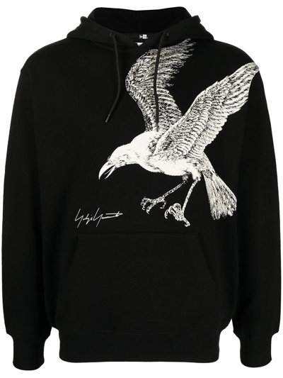 Shop Yohji Yamamoto Raven-print Hooded Sweatshirt In Black