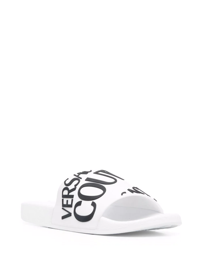 Shop Versace Jeans Couture Diagonal Logo Flat Slides In White