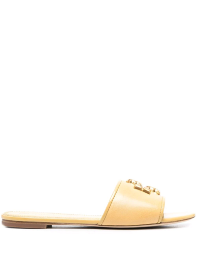 Shop Tory Burch Eleanor Double T Logo Slides In Yellow