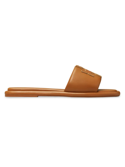 Shop Tory Burch Women's Double-t Monogram Padded Leather Slide Sandals In Miele Gold