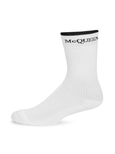 Shop Alexander Mcqueen Men's Reversible Logo Mid-calf Socks In Black White