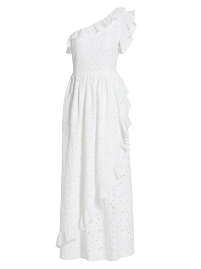 Shop Batsheva Women's Jude One-shoulder Ruffle Maxi-dress In White Broderie Anglaise
