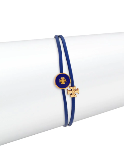 Shop Tory Burch Women's Kira 18k-gold-plated, Leather, & Enamel Logo Charm Bracelet In Nautical Blue