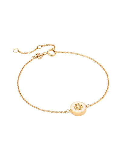 Shop Tory Burch Women's Kira 18k-gold-plated & Enamel Logo Charm Bracelet In New Ivory