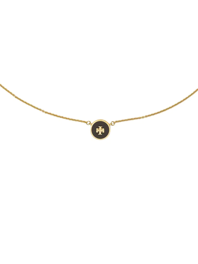 Shop Tory Burch Women's Kira 18k-gold-plated & Enamel Logo Pendant Necklace In Gold Black