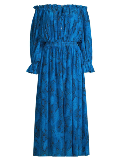 Shop Elie Tahari Women's Silk Off-the-shoulder Midi-dress In Blue Multi