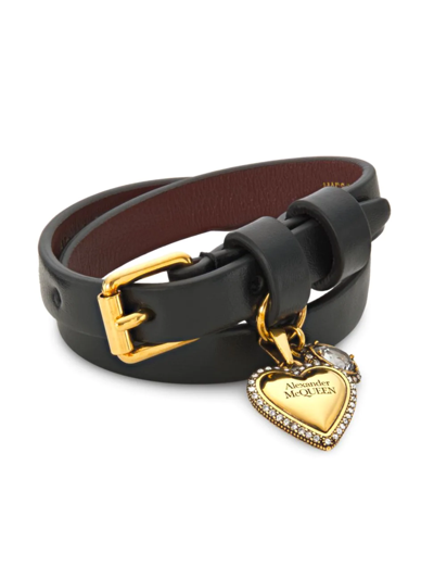 Shop Alexander Mcqueen Women's Goldtone, Leather & Crystal Double Wrap Bracelet In Brass