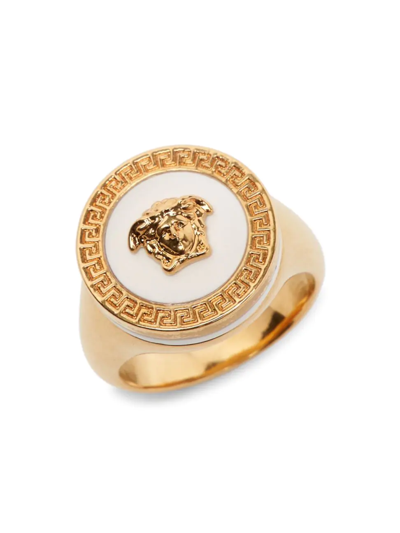 Shop Versace Men's Round Medusa Ring In Tribute Gold White
