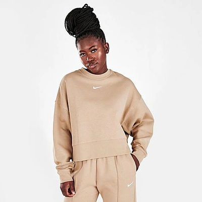 Shop Nike Women's Sportswear Collection Essentials Oversized Fleece Crewneck Sweatshirt In Hemp/white