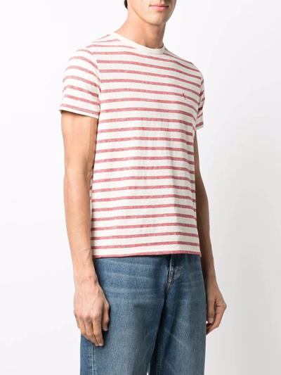 Shop Saint Laurent Striped Embroidered-logo T-shirt In Neutrals