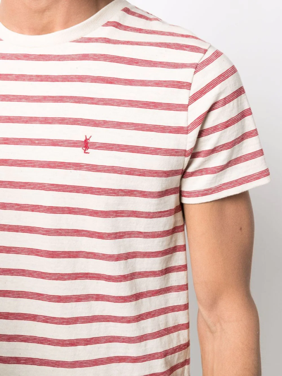 Shop Saint Laurent Striped Embroidered-logo T-shirt In Neutrals