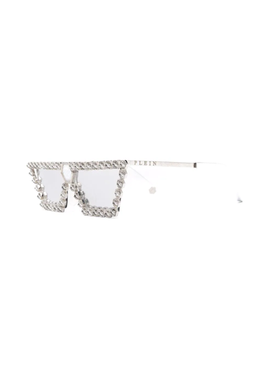 Shop Philipp Plein Crystal-embellished Square-frame Sunglasses In Silver