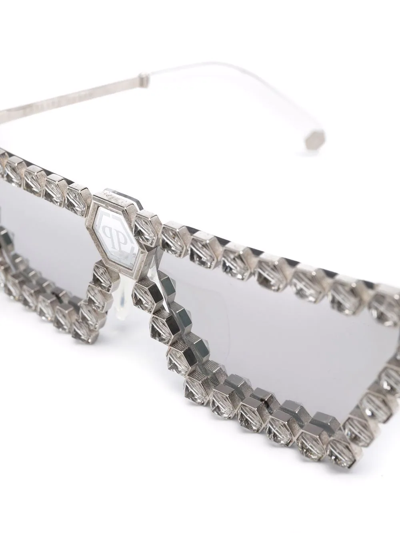 Shop Philipp Plein Crystal-embellished Square-frame Sunglasses In Silver