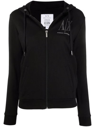 Shop Armani Exchange Rhinestone-logo Zip-up Hoodie In Black