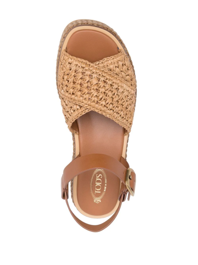 Shop Tod's Raffia Wedge Sandals In Brown