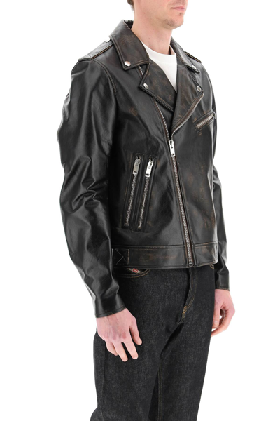 Shop Diesel Drummed Leather Biker Jacket In Black,brown