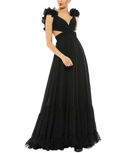 Shop Mac Duggal Rosette Chiffon Gown In Black