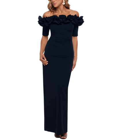 Shop Xscape Ruffled Off-the-shoulder Gown In Navy