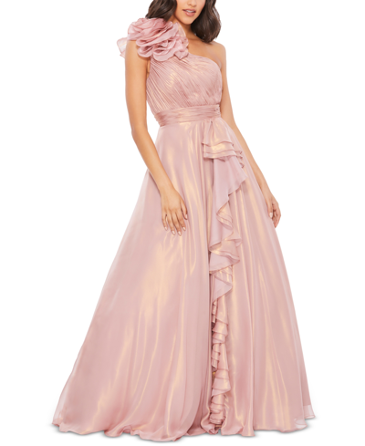 Shop Mac Duggal Asymmetric Rosette Ball Gown In Rose Gold