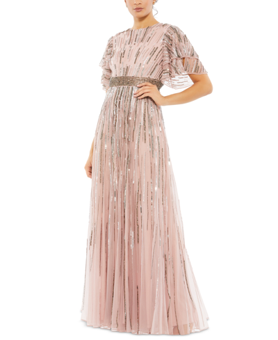 Shop Mac Duggal Sequined Flutter-sleeve Gown In Vintage Rose