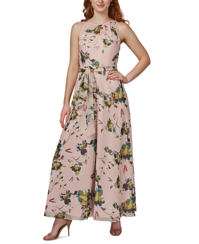 Shop Adrianna Papell Floral-print Wide-leg Jumpsuit In Soft Silk