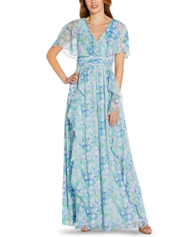 Shop Adrianna Papell Floral-print Chiffon Gown In Blue Multi