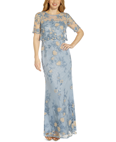 Shop Adrianna Papell Pop Over Embroidered Lace Gown In Skyway