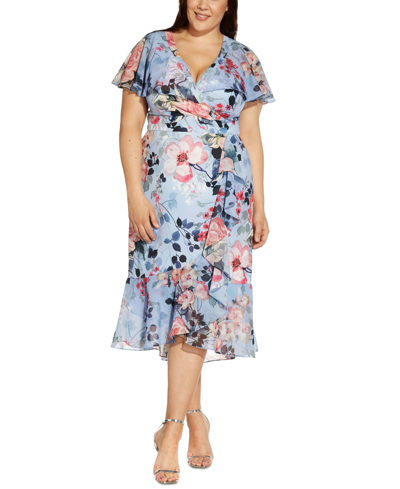 Shop Adrianna Papell Plus Size Flutter-sleeve Faux-wrap Dress In Blue Multi